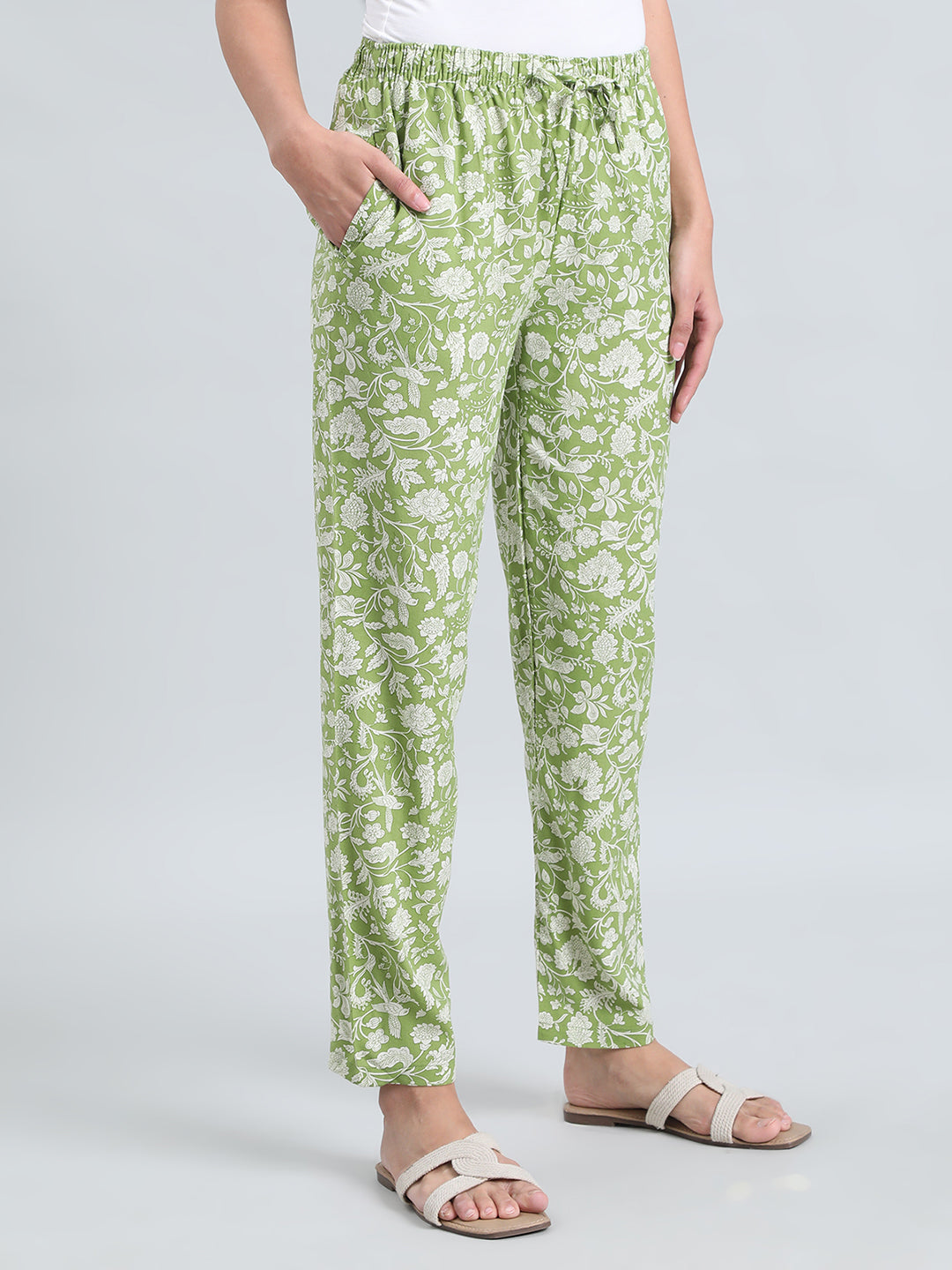 Light Green Woven Viscose Printed Lounge Pants