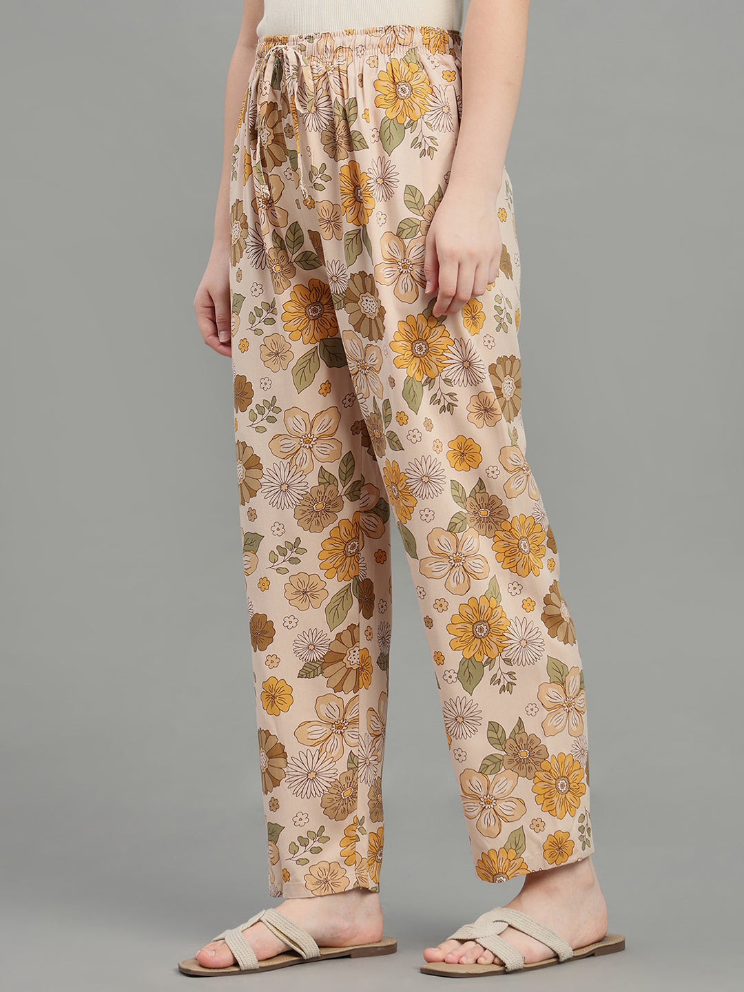 Beige Woven Viscose Printed Lounge Pants