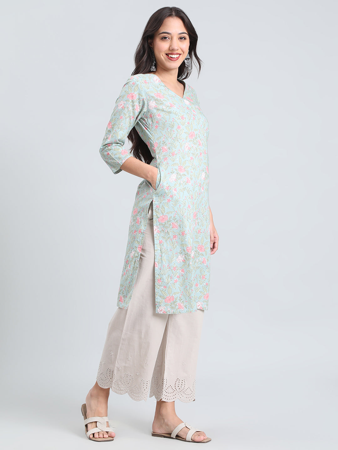 Cotton Floral Block Print Straight Kurta