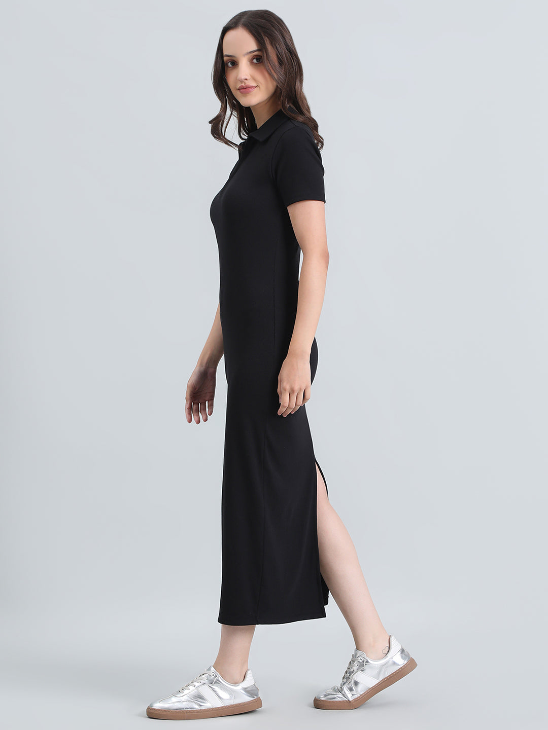 Rib Cotton Slim Fit Polo Neck Long Dress