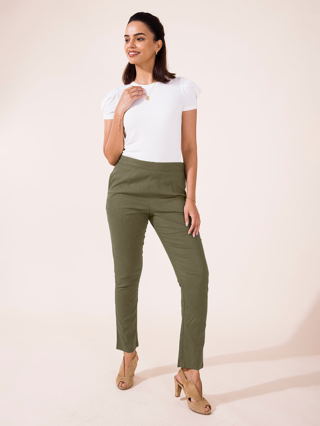 Olive Green Linen Pencil Pant