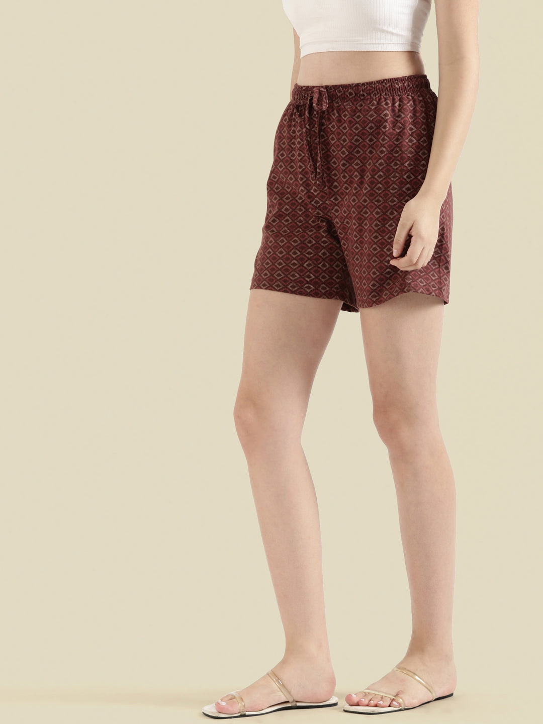 Brown Cotton Knit Printed Lounge Shorts