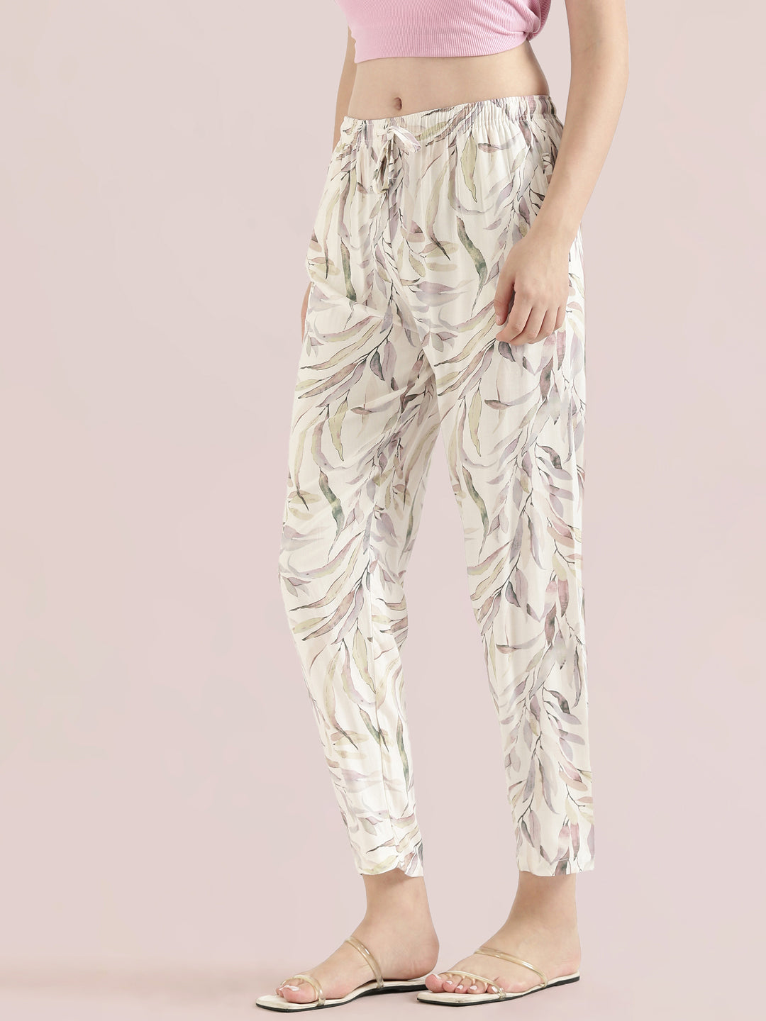 White Woven Viscose Printed Lounge Pants