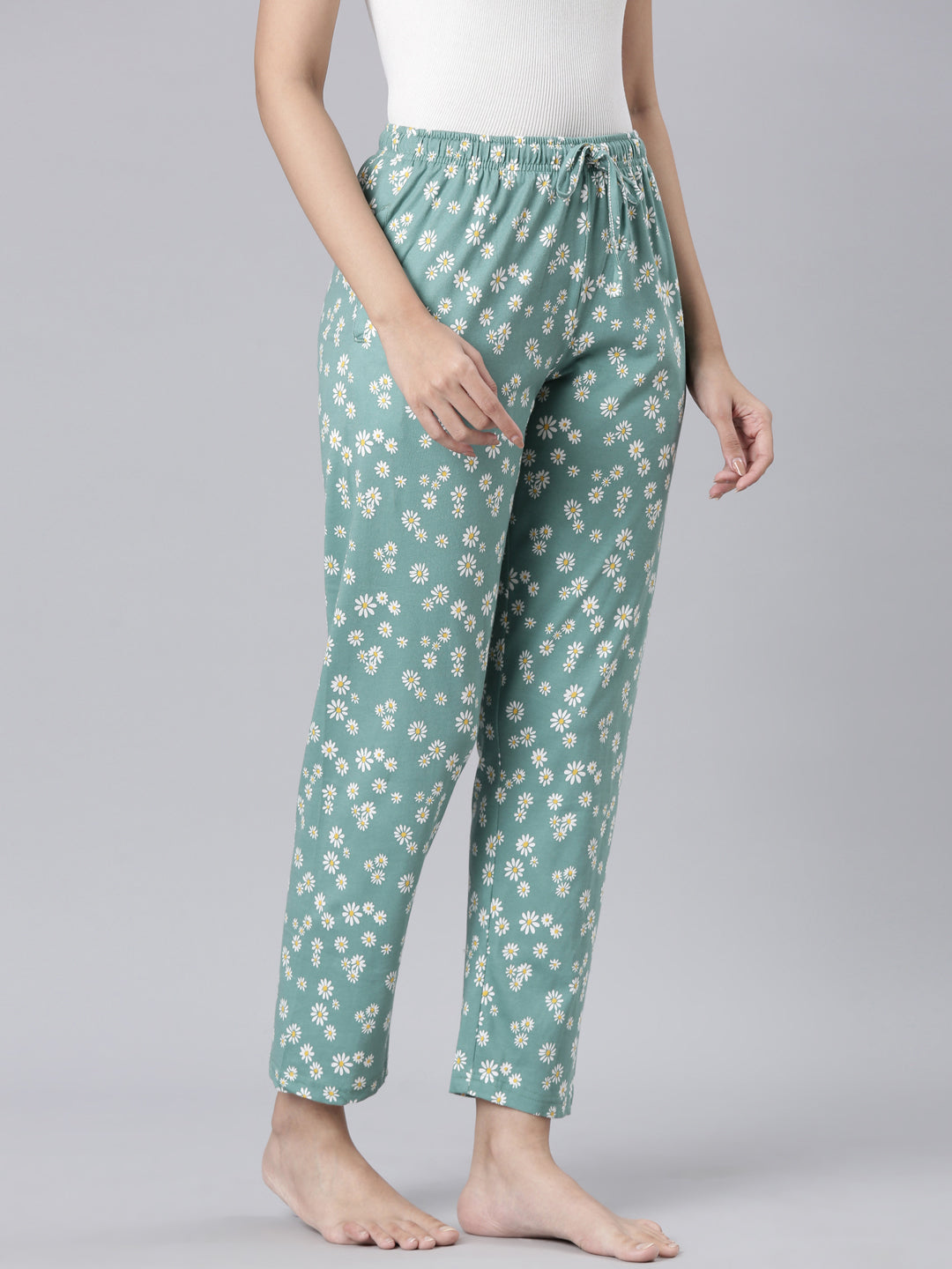 Green Cotton Knit Printed Lounge Pants