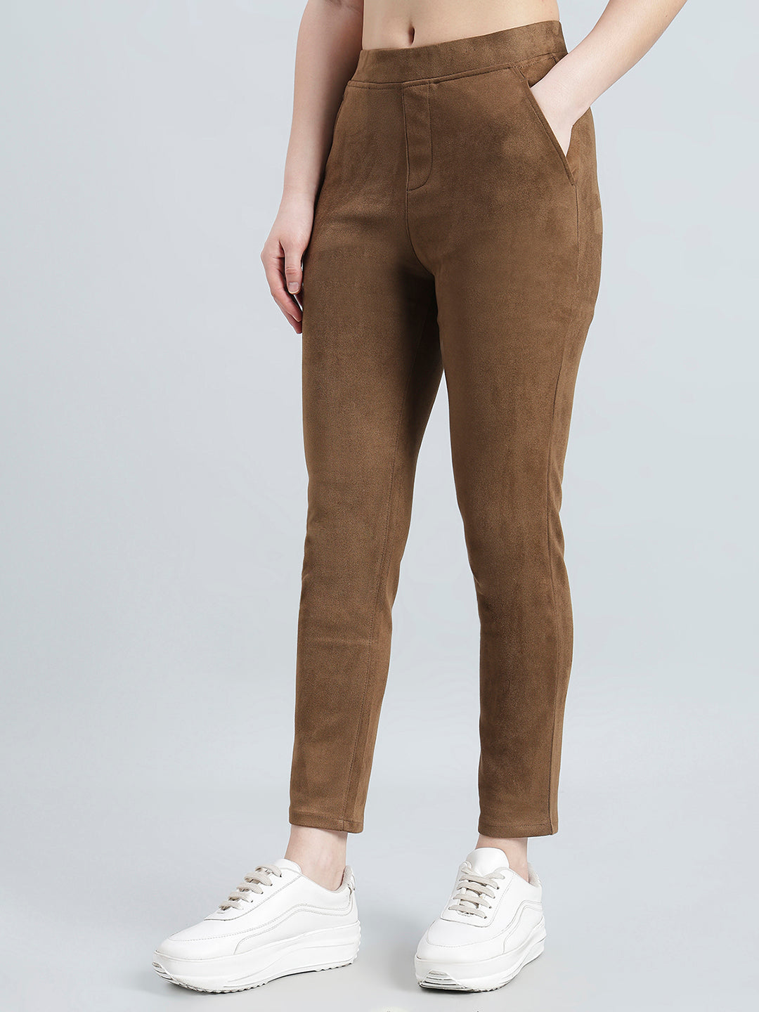 Brown Poly Stretch Suede Tregging