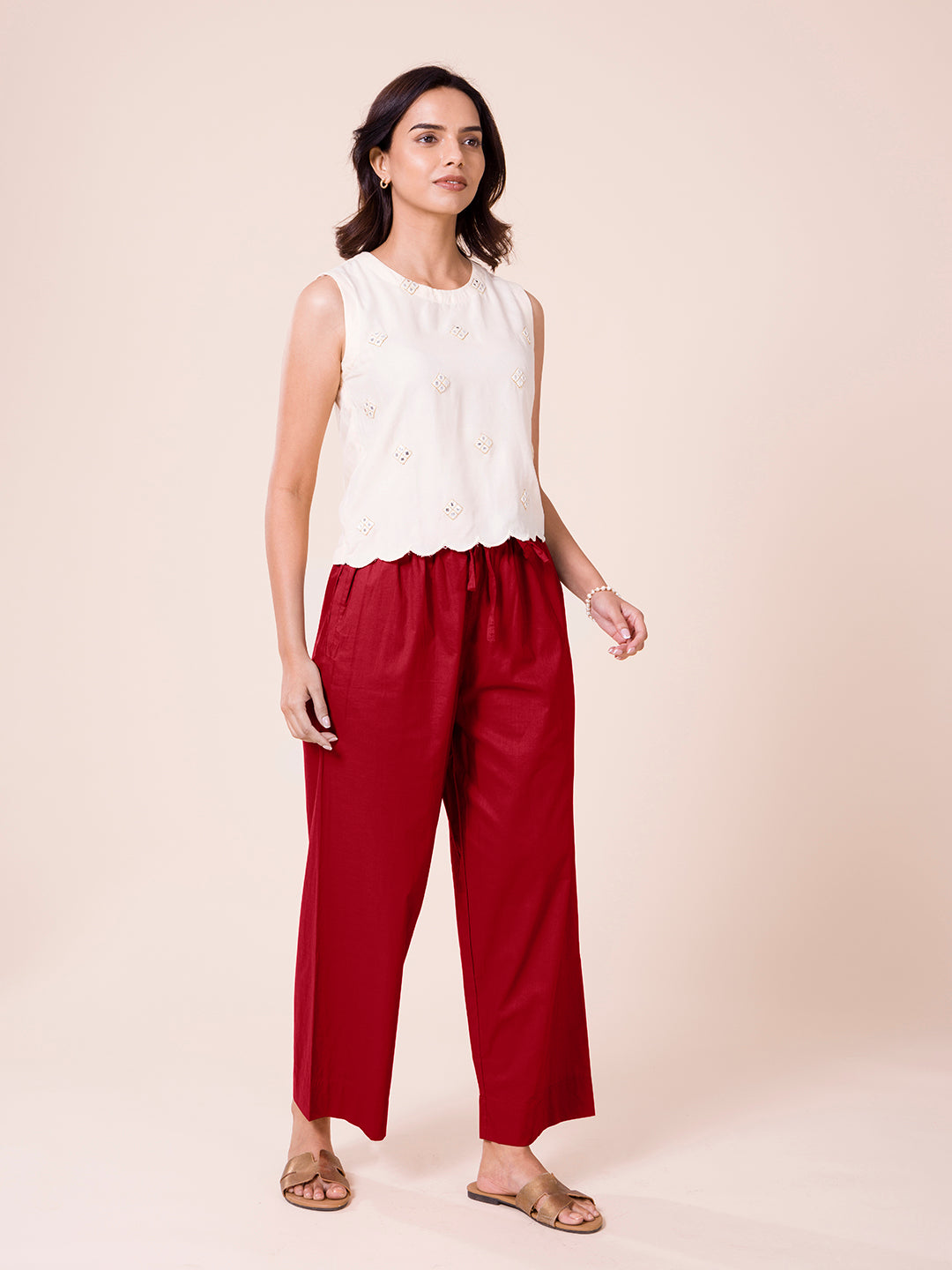 Light Maroon Cotton Wide Leg Pants