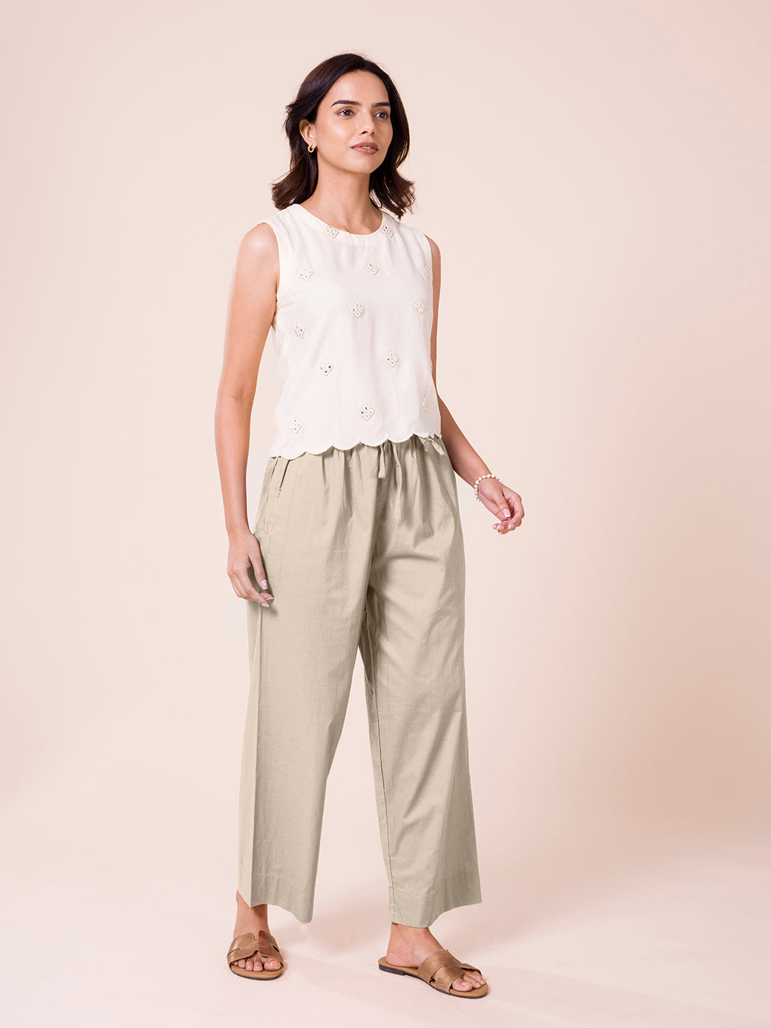 Light Beige Cotton Wide Leg Pants