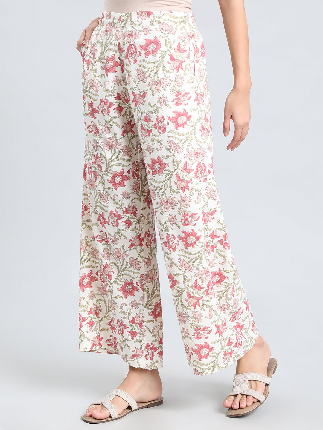 White Woven Viscose Printed Palazzo
