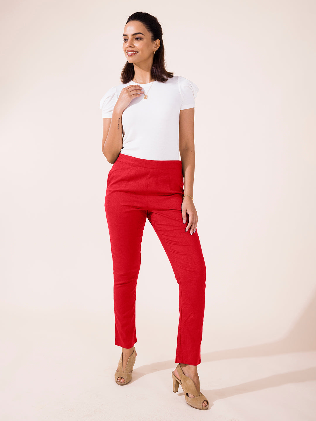 Dark Red Linen Pencil Pant