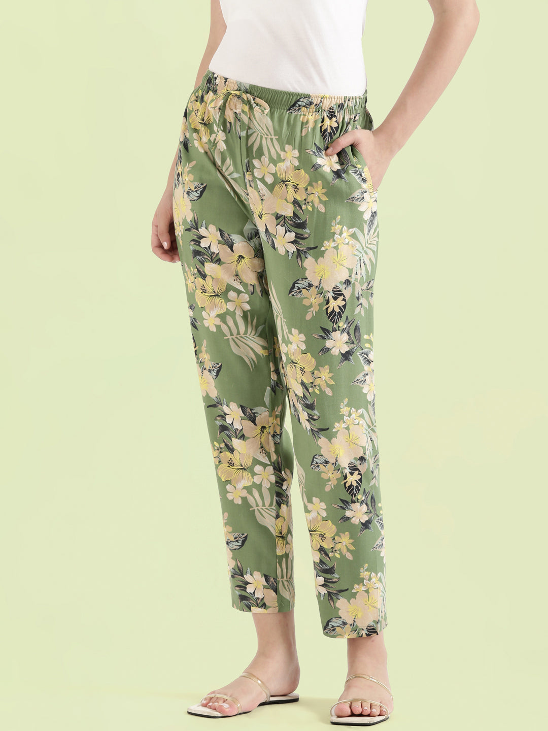 Green Woven Viscose Printed Lounge Pants