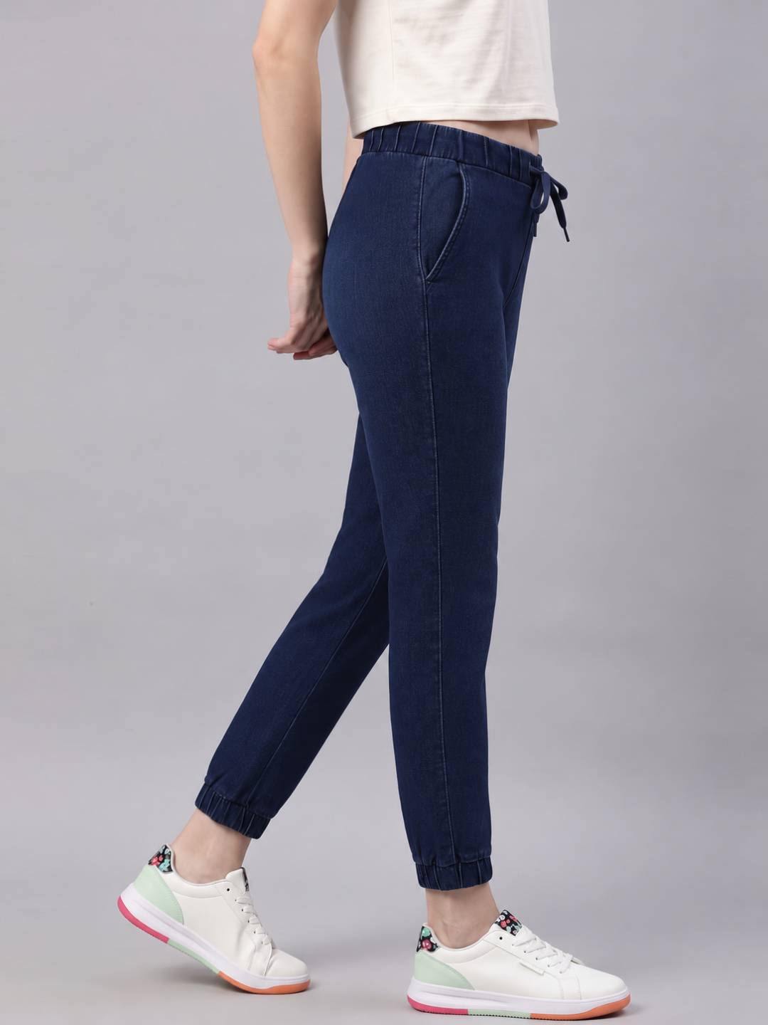 Blue Cotton Poly Stretch Denim Joggers