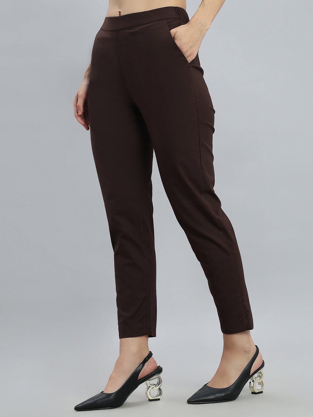 Dark Brown Woven Cotton Stretch Chino Pants