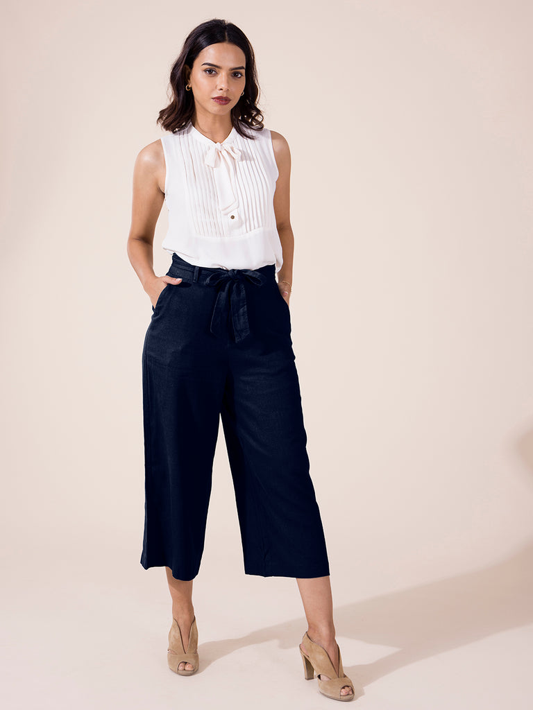 Women Solid Navy Linen Mid Rise Culottes