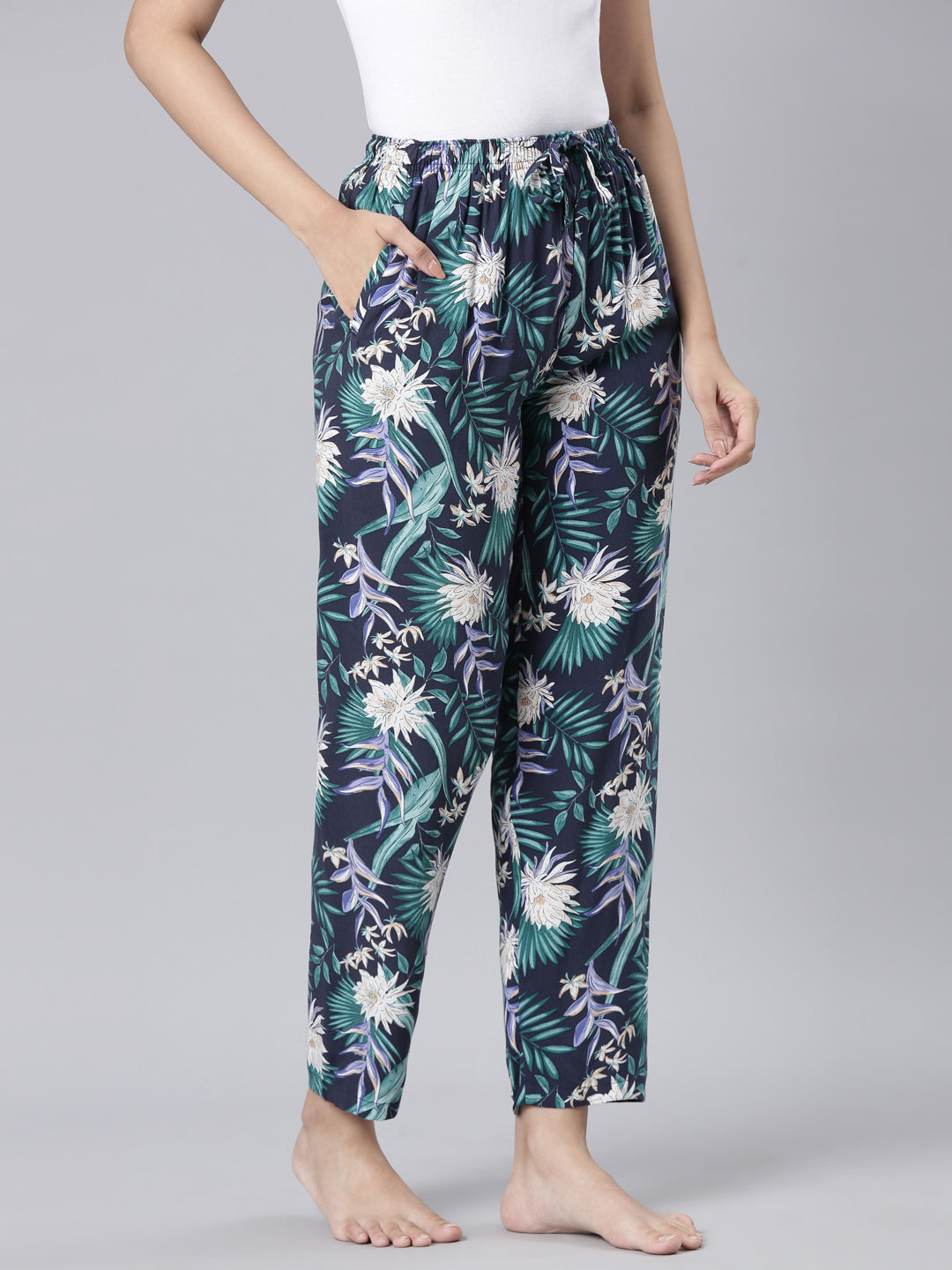 Navy Woven Viscose Printed Lounge Pants