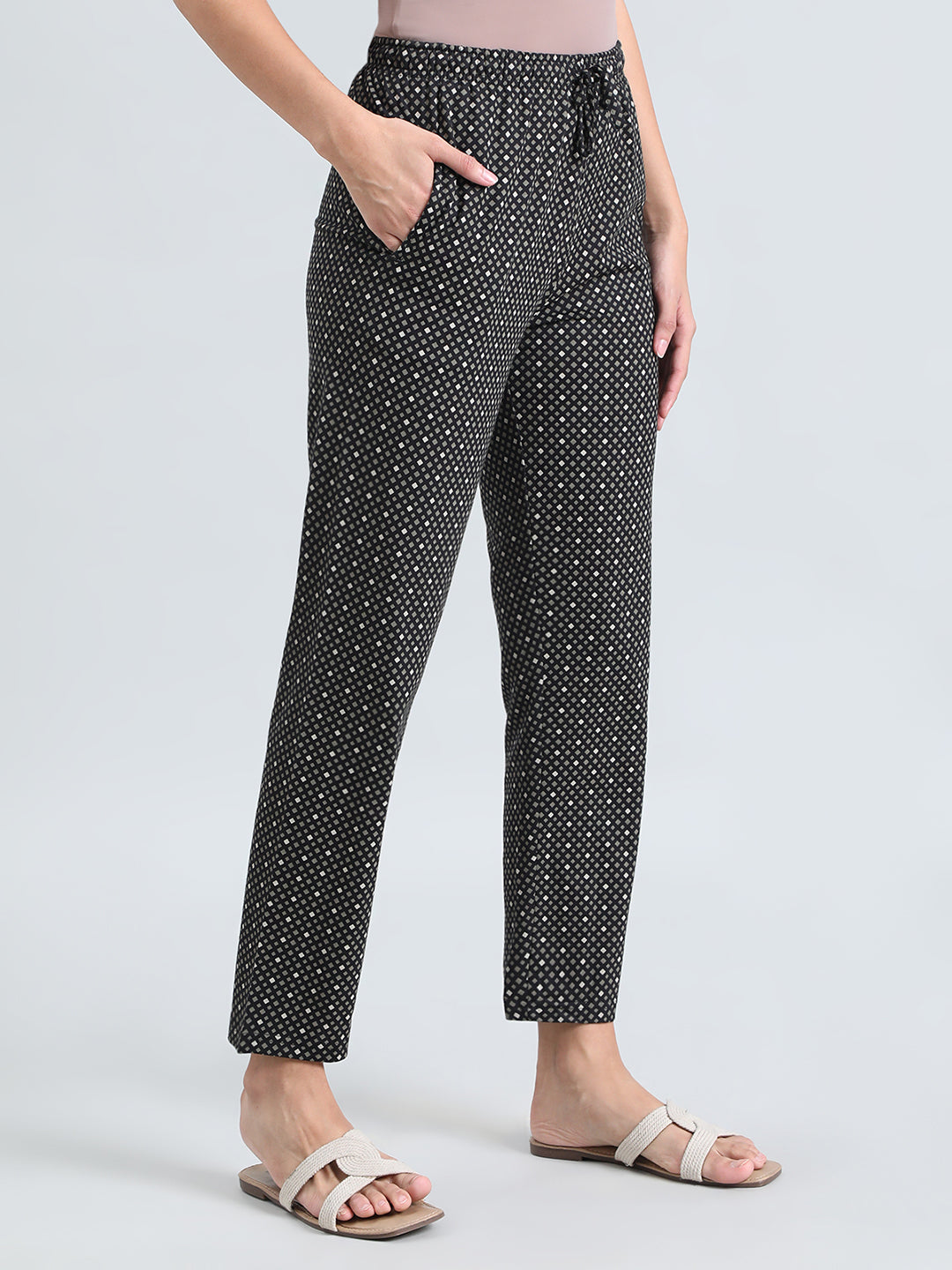 Black Cotton Knit Printed Lounge Pants