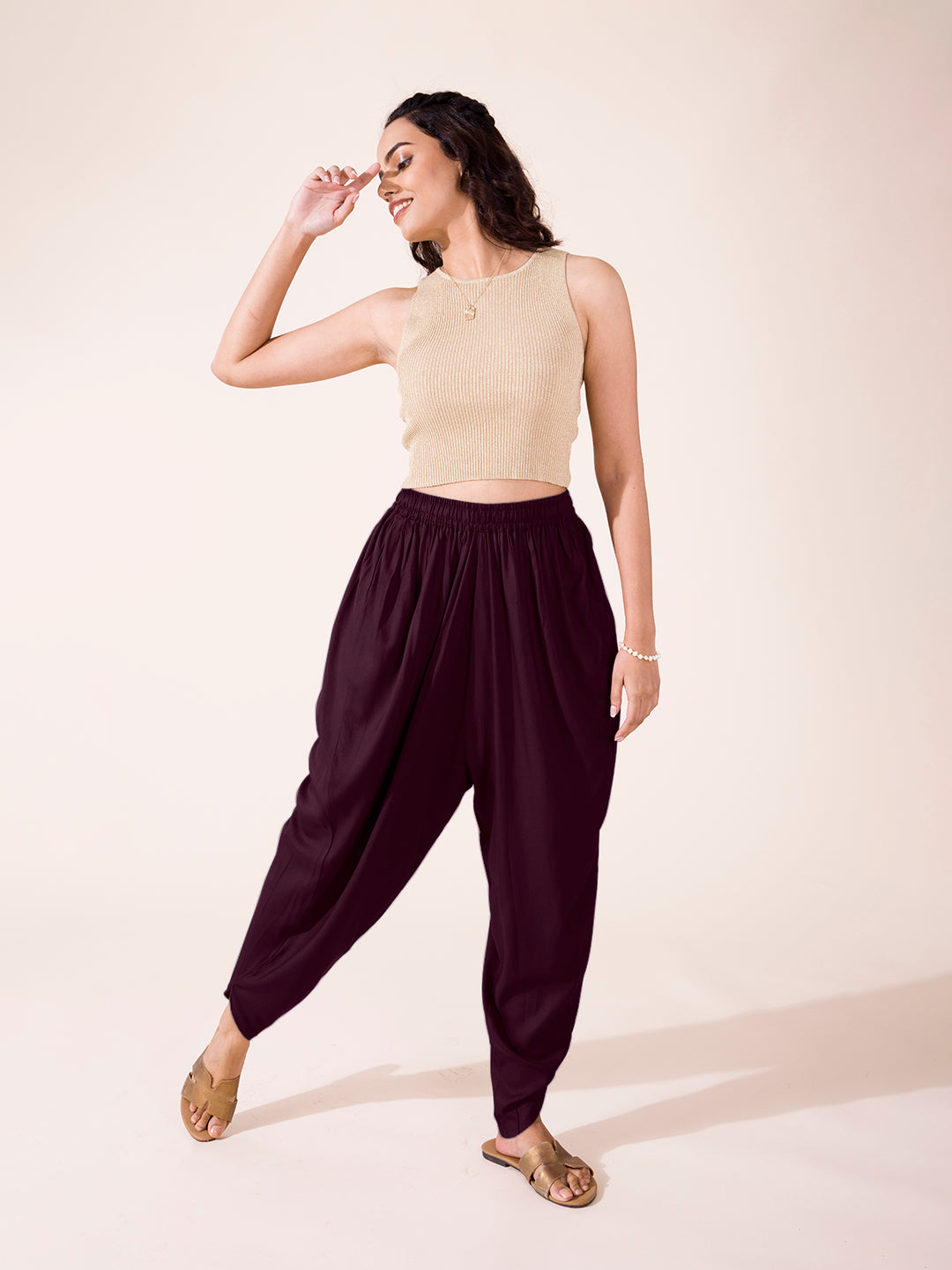 Purple Woven Viscose Harem Dhoti Pant