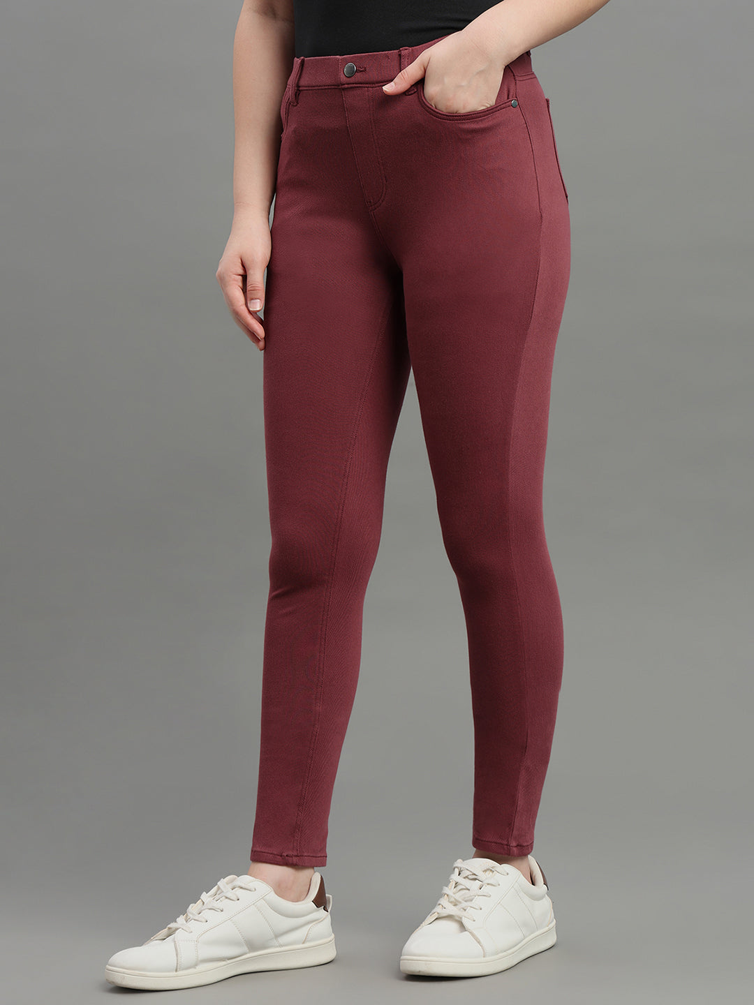 Light Maroon Cotton Polyester Super Stretch Jeggings