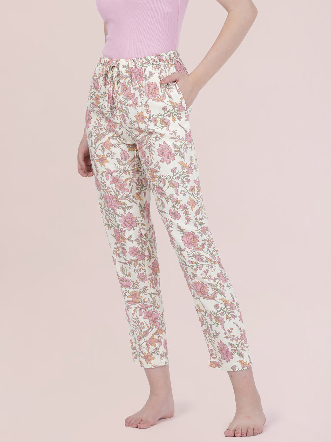 White Woven Viscose Printed Lounge Pants