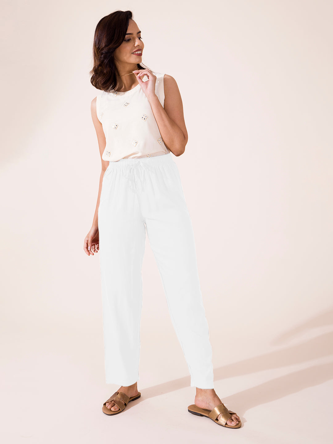 White Woven Viscose Casual Pants