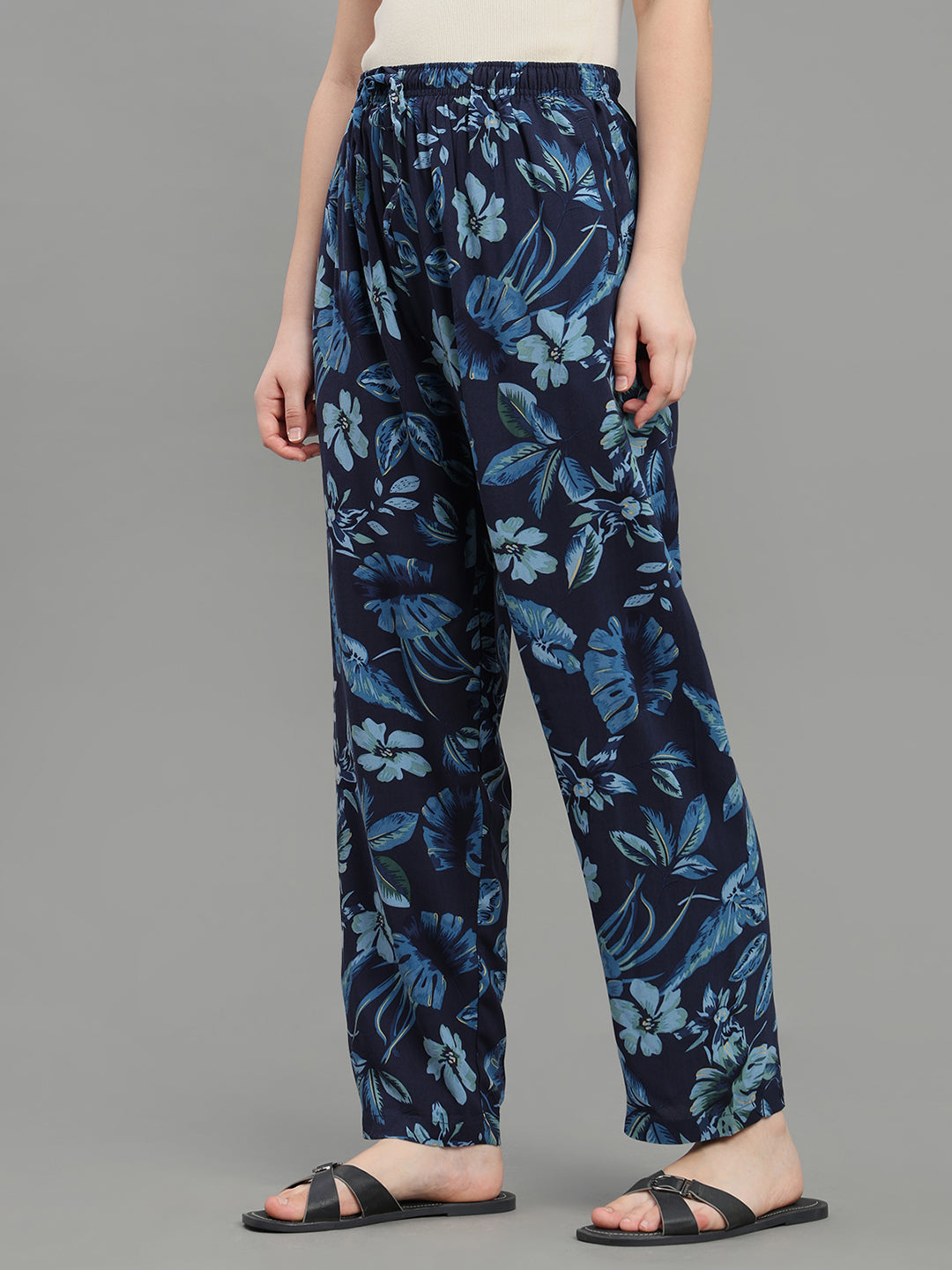 Navy Woven Viscose Printed Lounge Pants