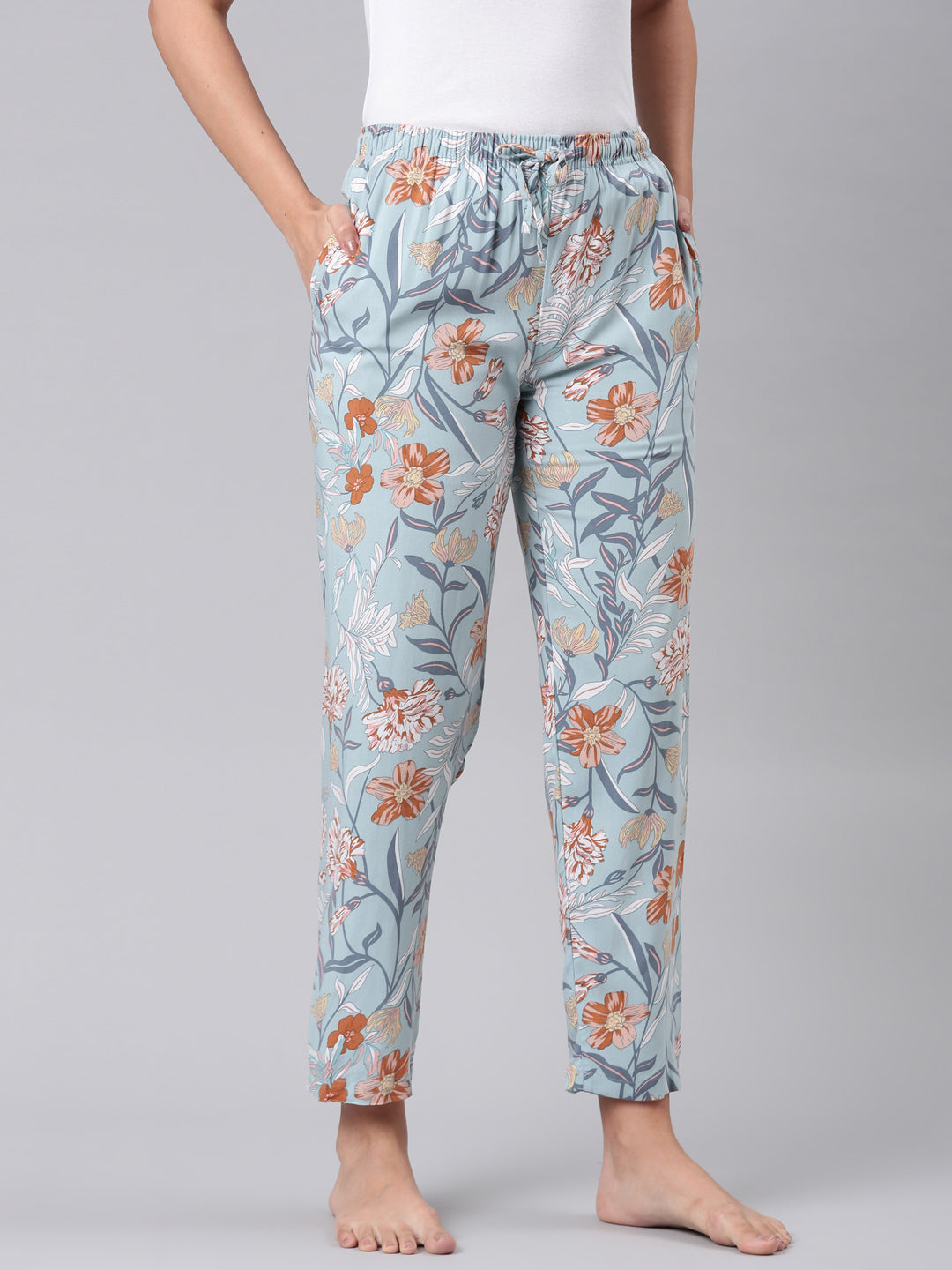 Blue Woven Viscose Printed Lounge Pants