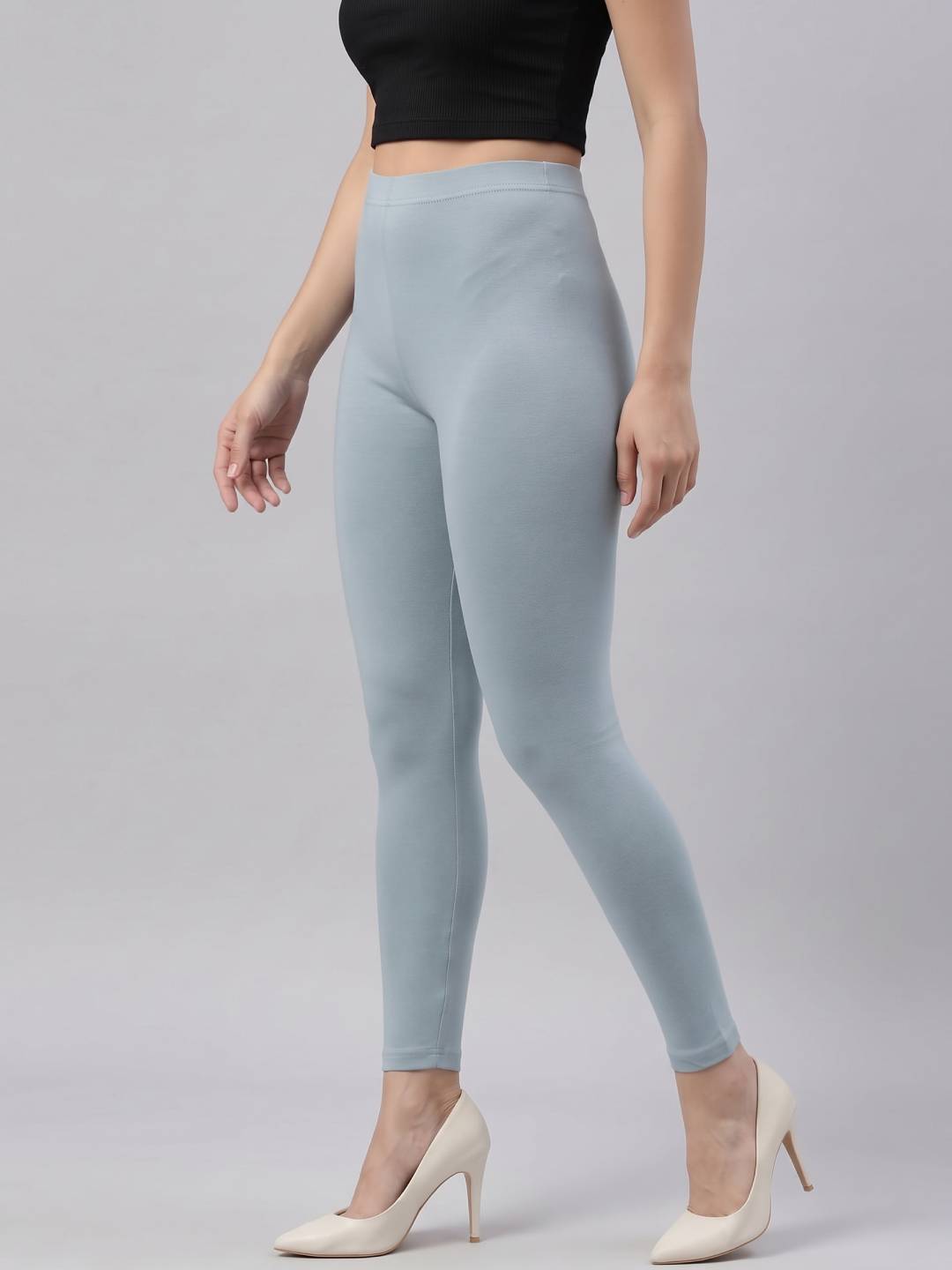 Dusty Blue Cotton Stretch Ankle Length Leggings
