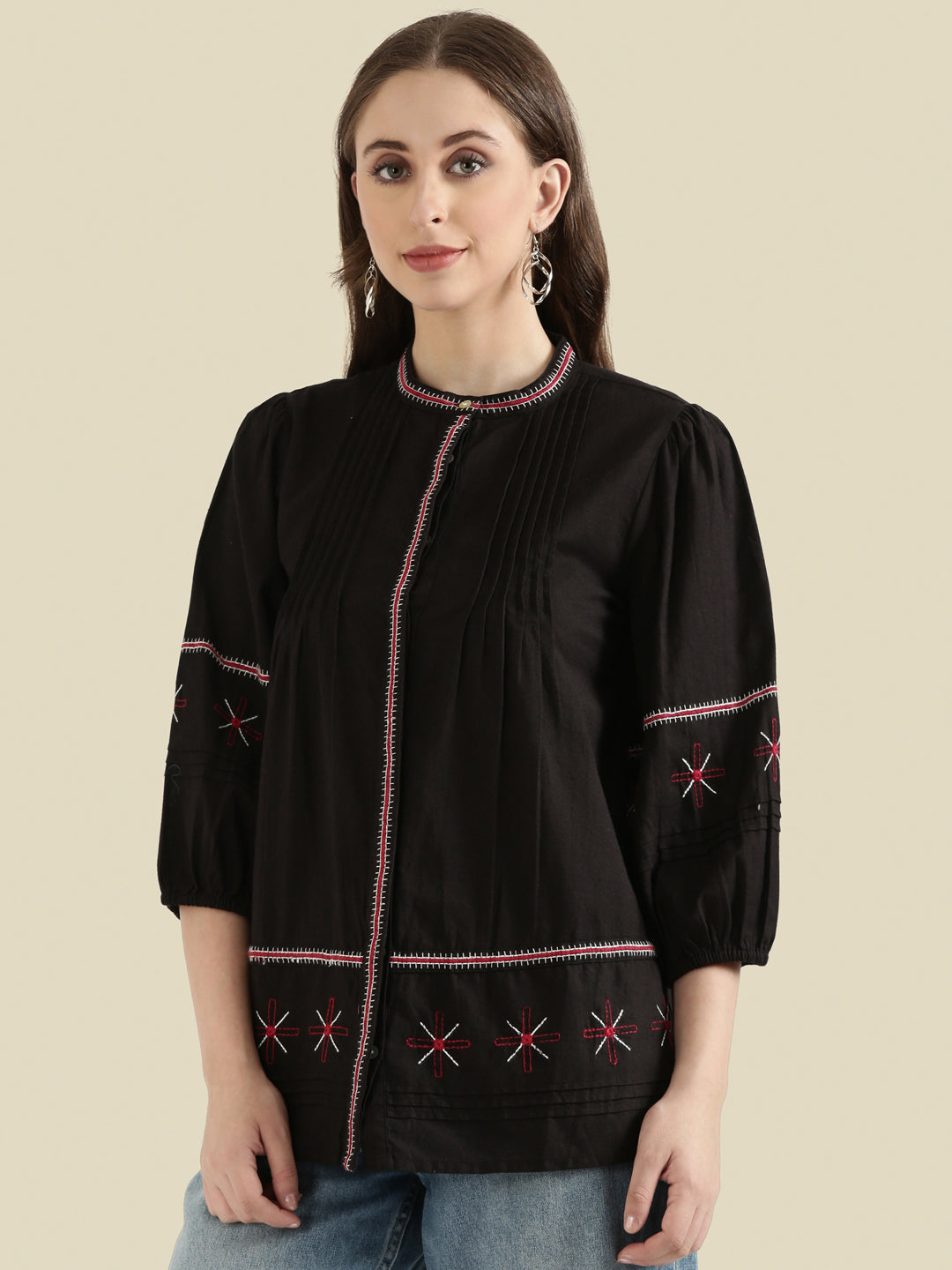 Cotton Embroidered Pintuck Blouse