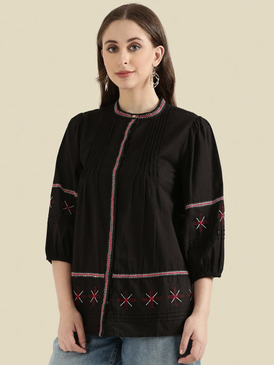 Cotton Embroidered Pintuck Blouse