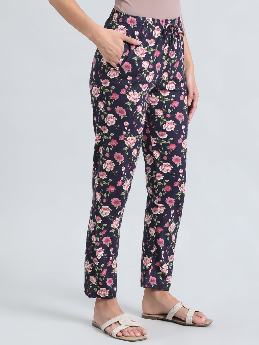 Navy Cotton Knit Printed Lounge Pants