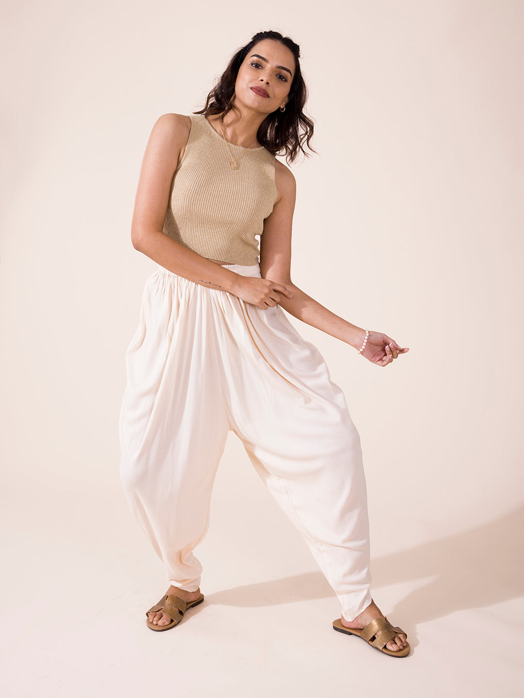 Ecru Woven Viscose Harem Dhoti Pant