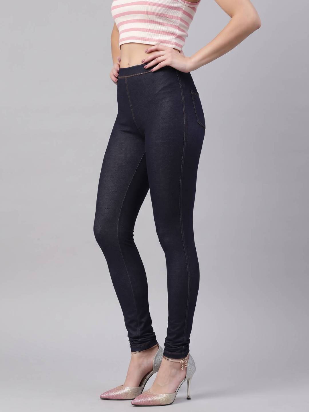 Blue Cotton Poly Stretch Knit Jeggings