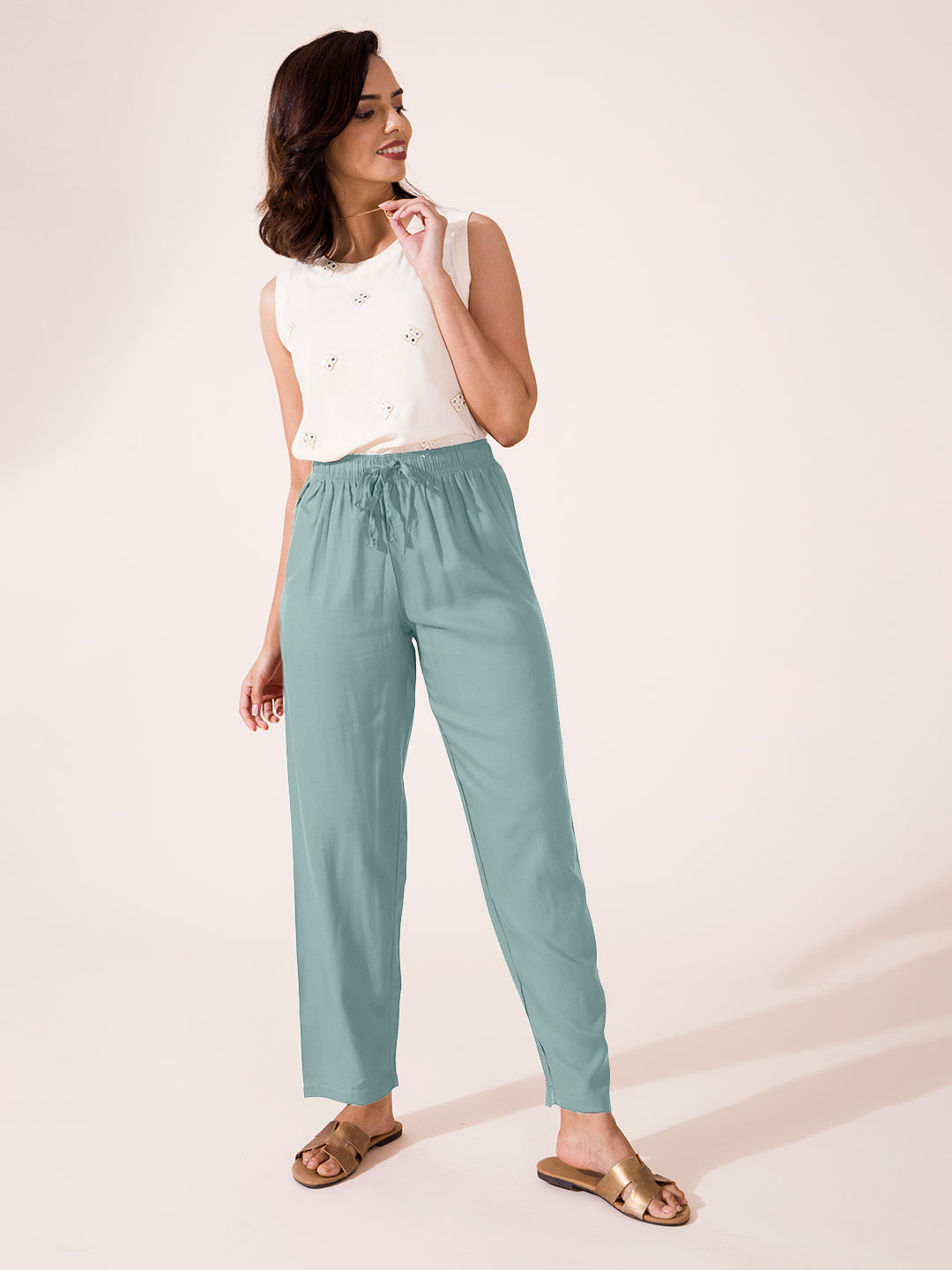 Ocean Green Woven Viscose Casual Pants