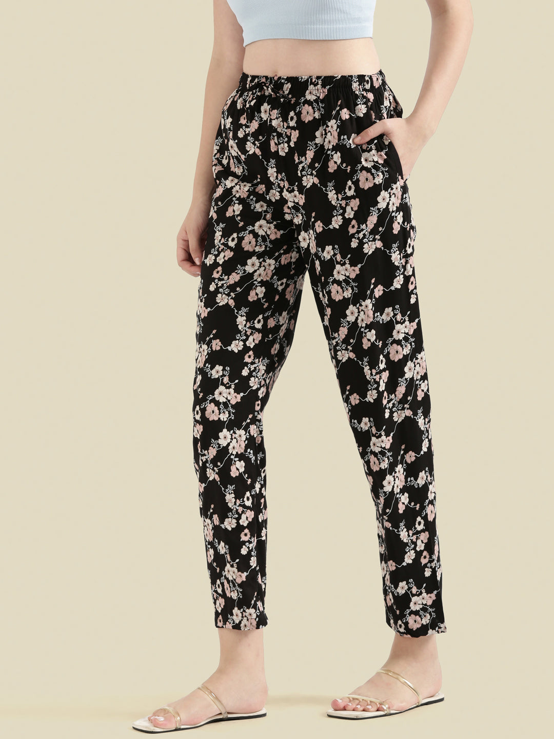 Black Woven Viscose Printed Lounge Pants