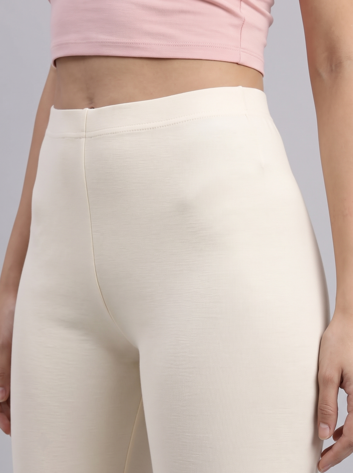 Ecru Cotton Stretch Ankle Length Leggings