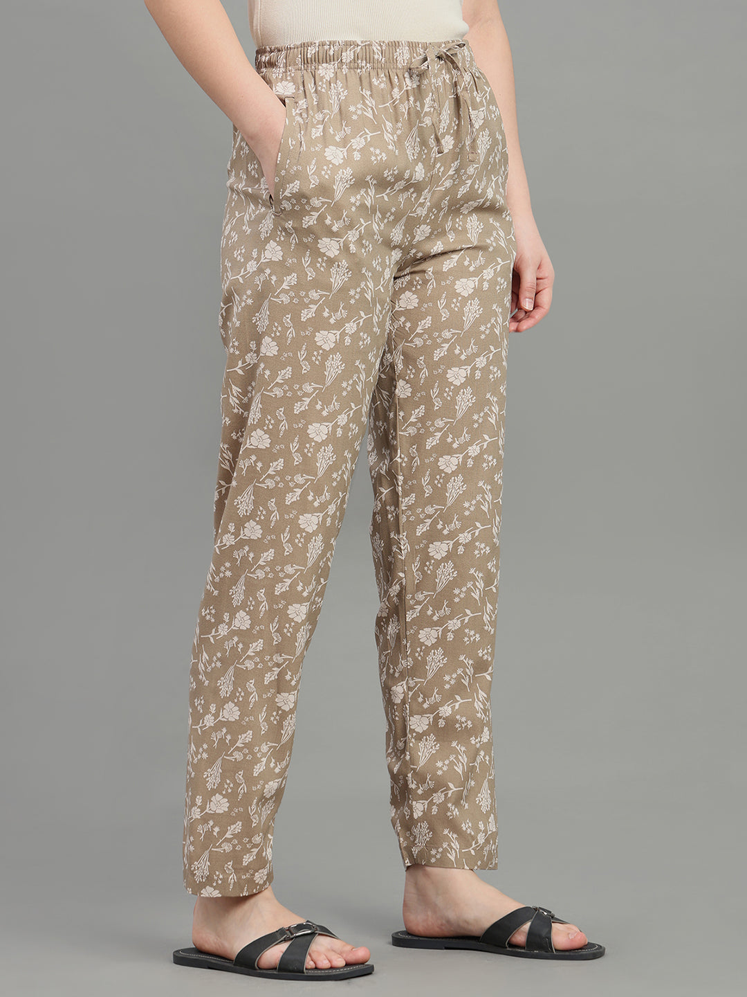 Beige Woven Viscose Printed Lounge Pants