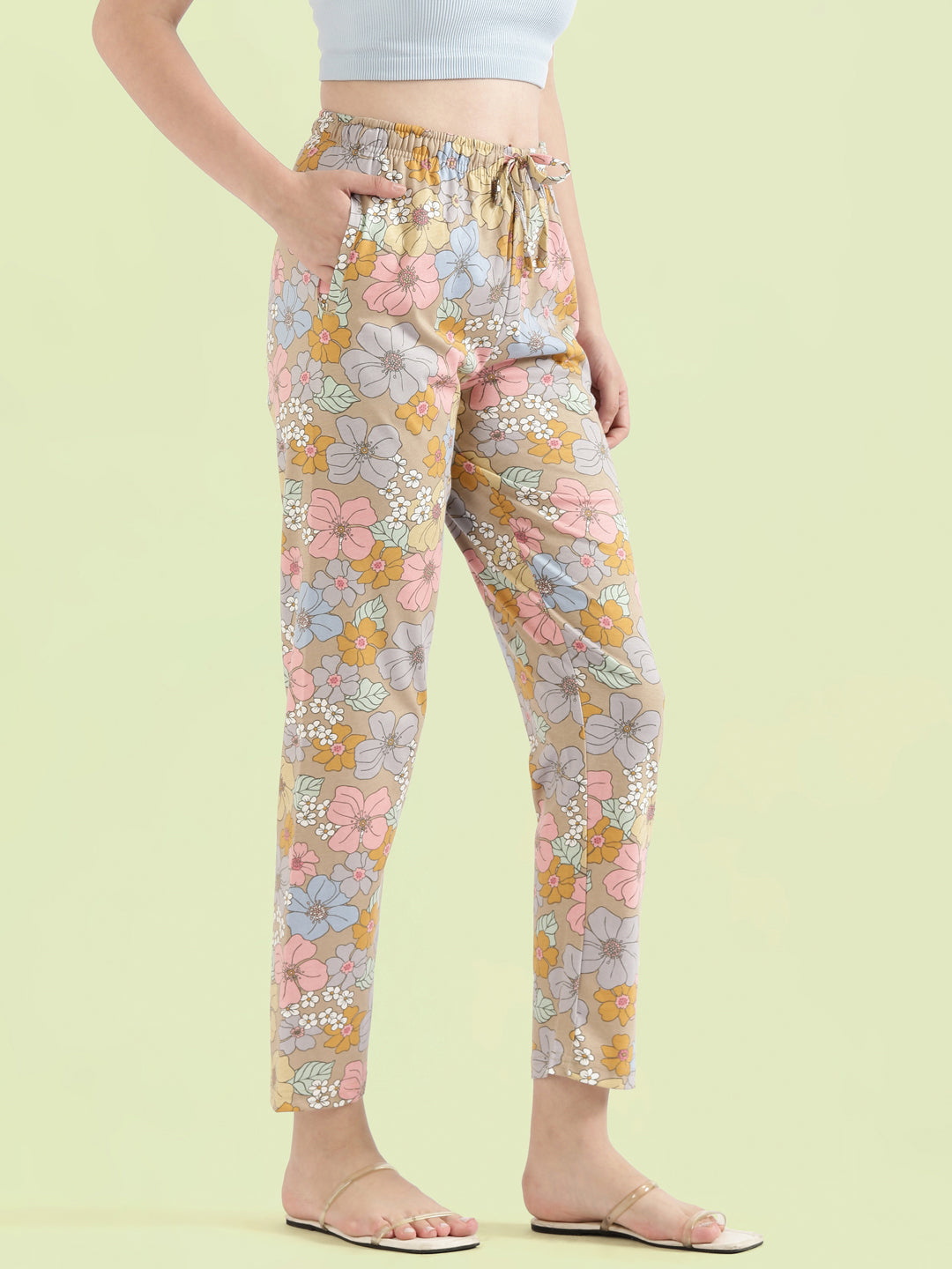 Beige Cotton Knit Printed Lounge Pants