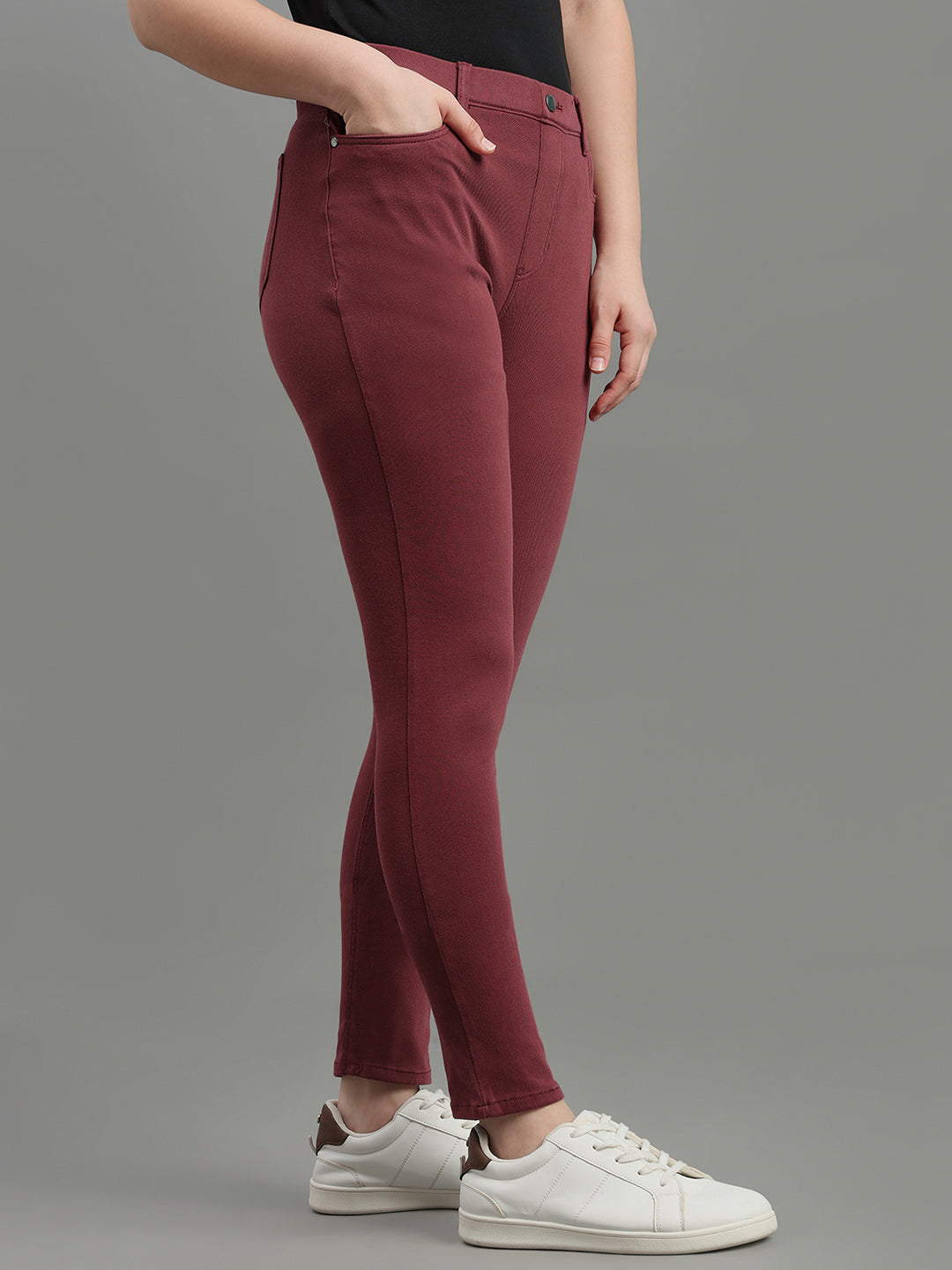 Light Maroon Cotton Polyester Super Stretch Jeggings