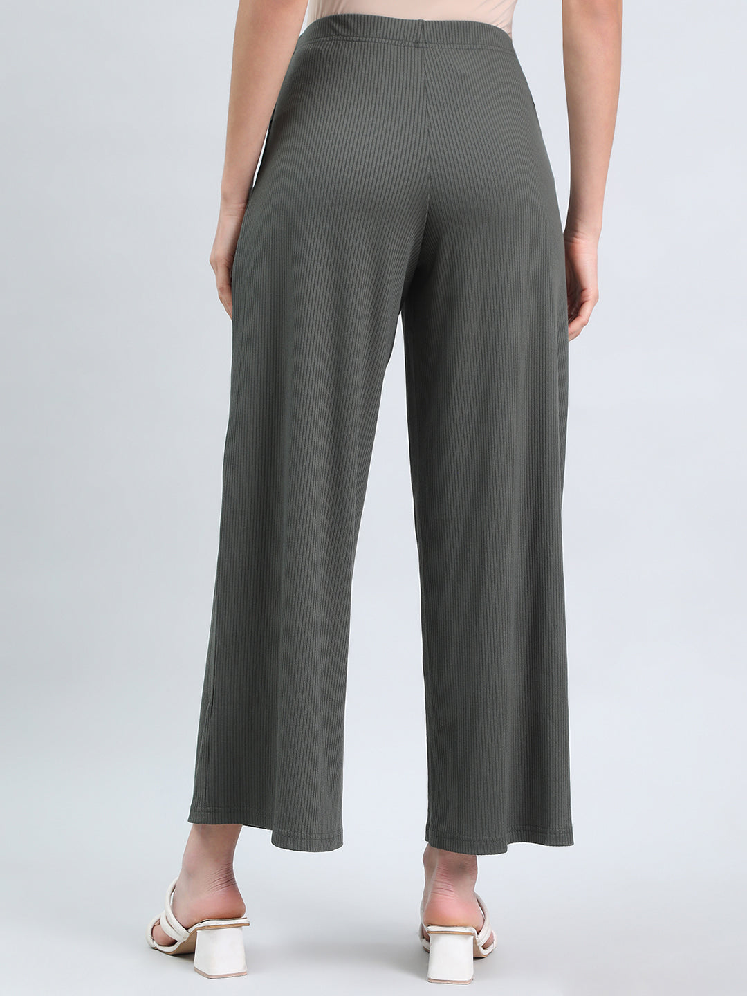 Olive Green Drop Needle Fabric Rib Palazzo