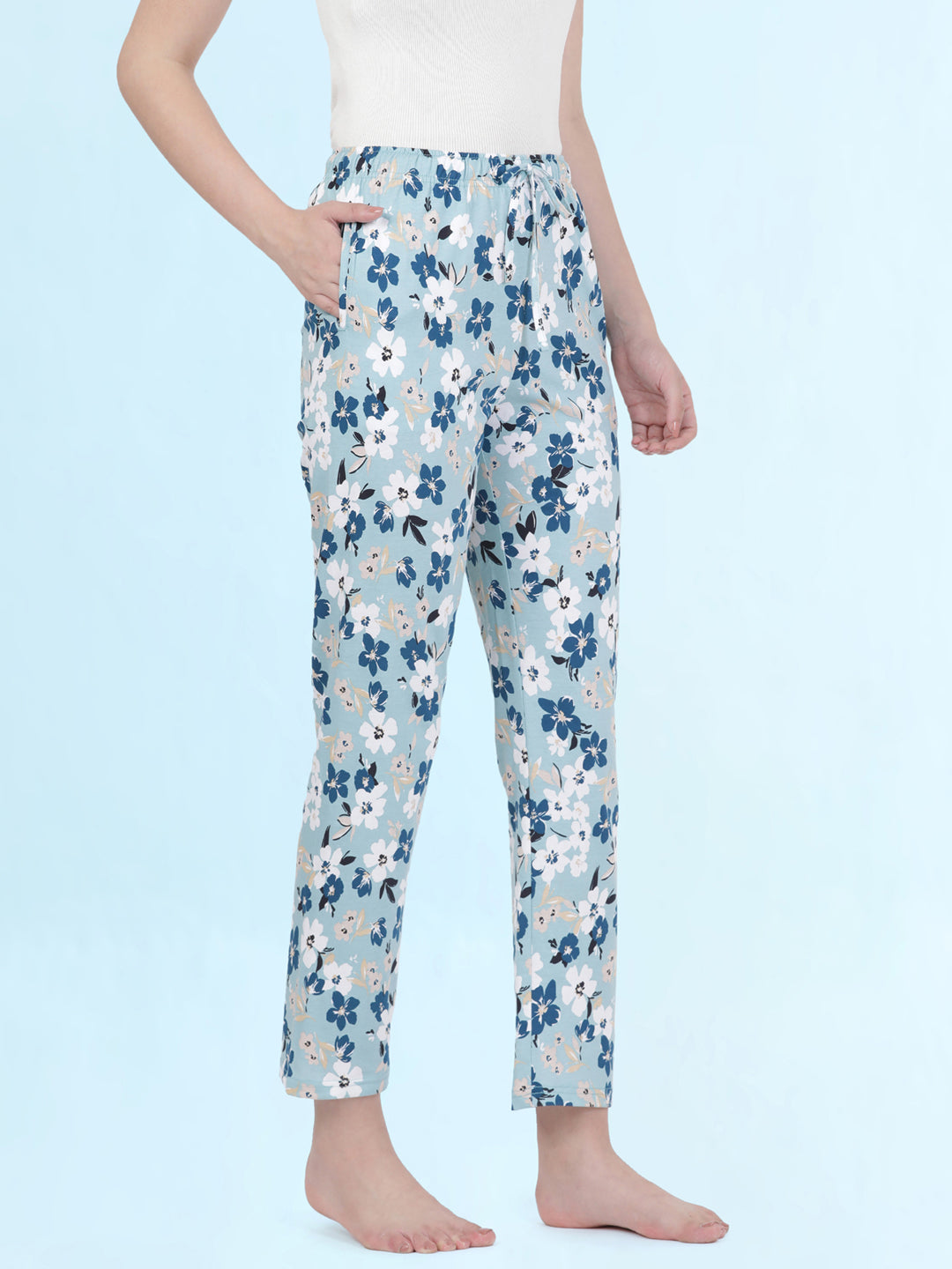 Blue Cotton Knit Printed Lounge Pants