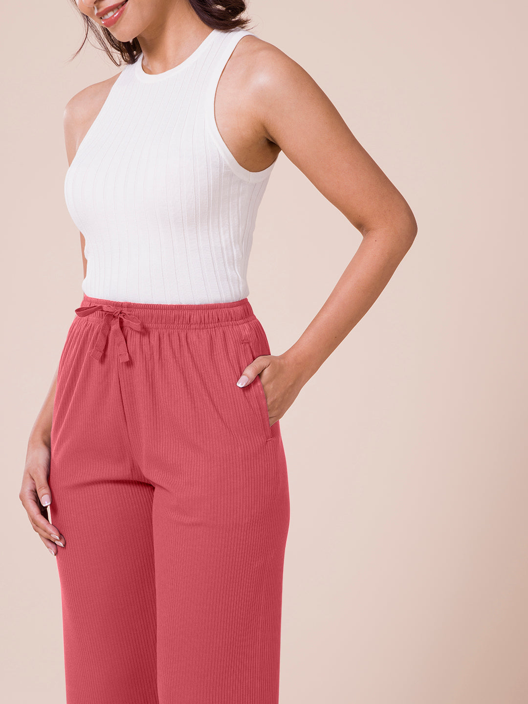 Rusty Pink Drop Needle Fabric Casual Rib Pant