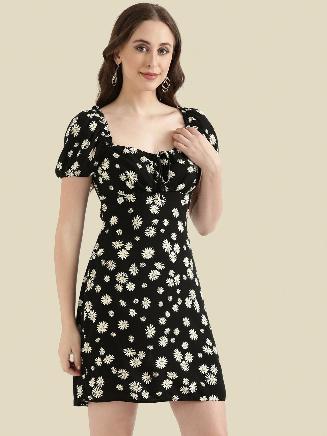 Viscose Sweetheart Neck Printed Short Dress