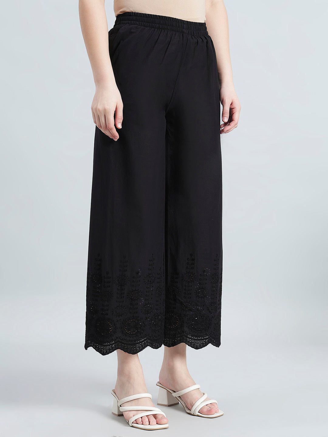 Black 100% Cotton Embroidered Wide Pant