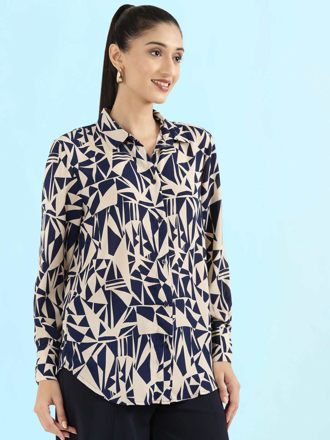 Crepe Classic Collar Printed Long Shirt