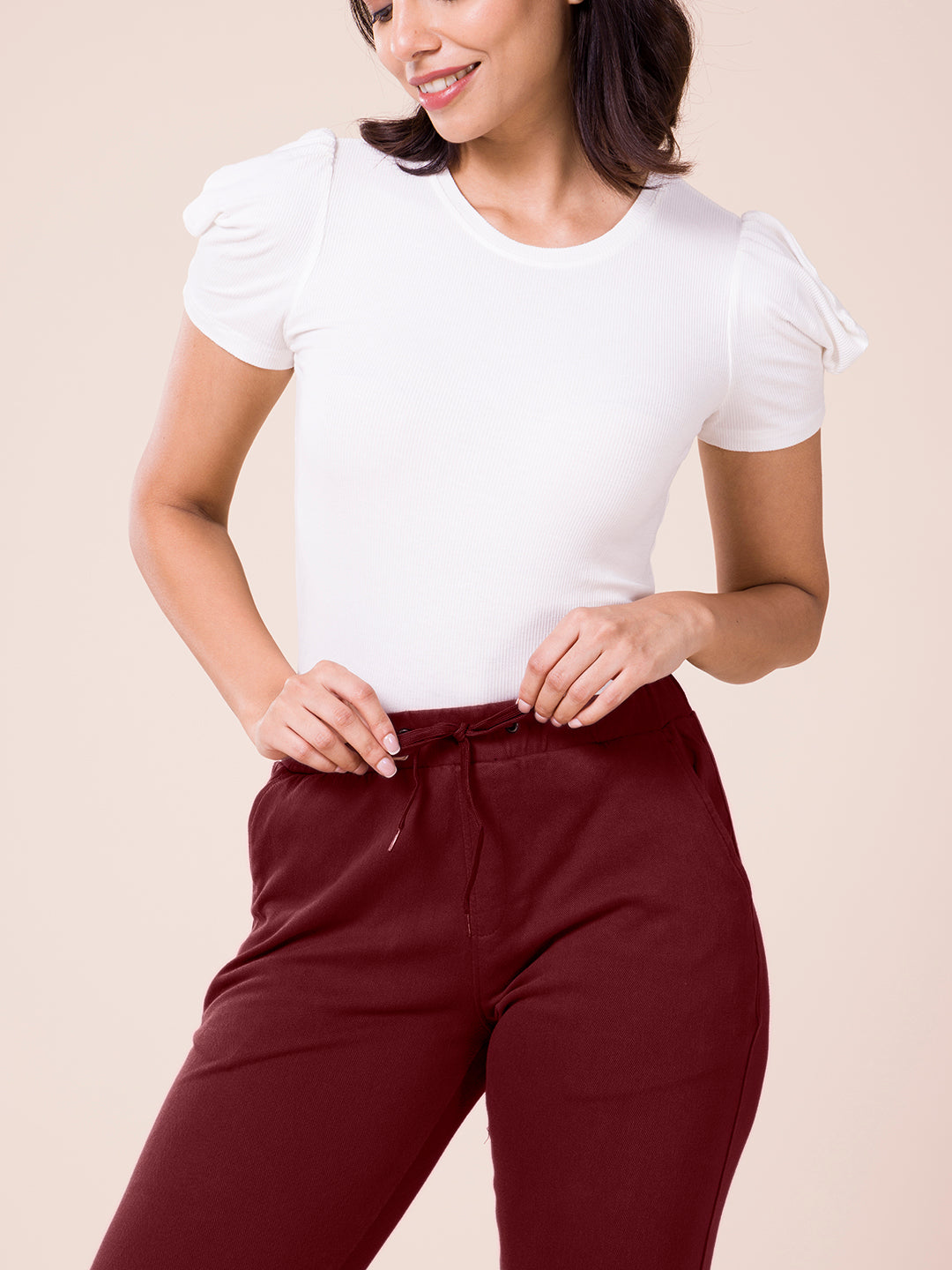 Maroon Cotton Poly Stretch Cuffed Joggers