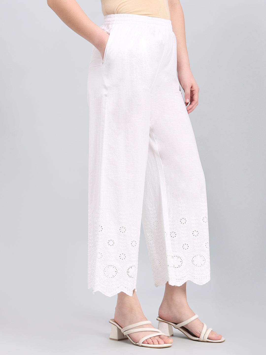 White 100% Cotton Embroidered Wide Pant