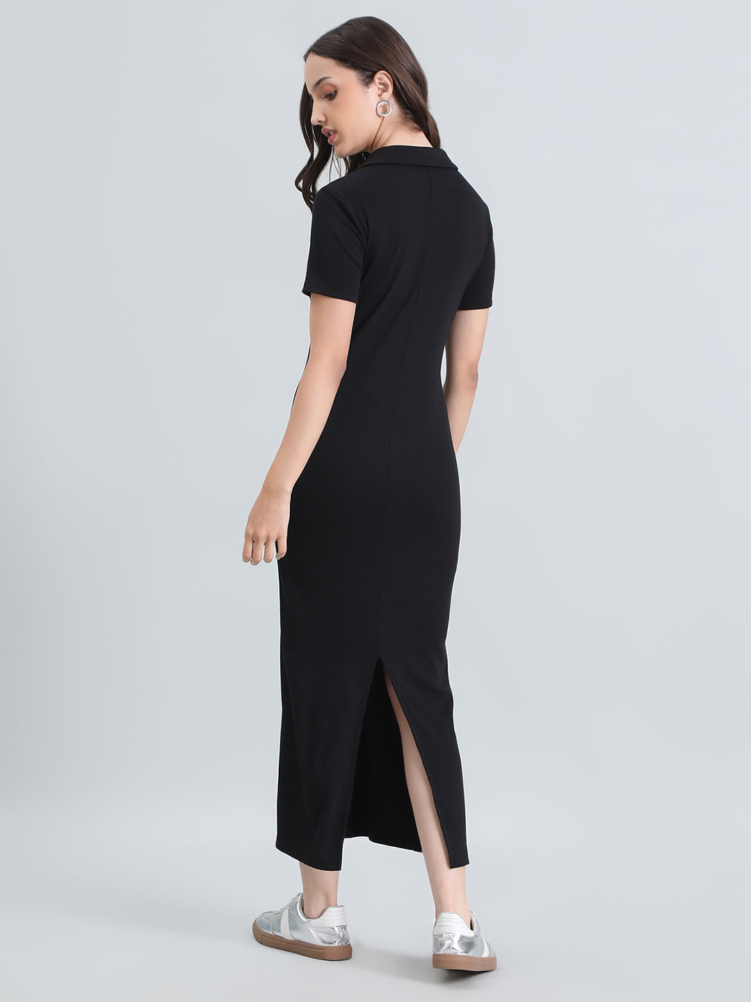 Rib Cotton Slim Fit Polo Neck Long Dress