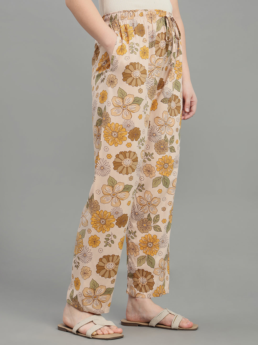 Beige Woven Viscose Printed Lounge Pants