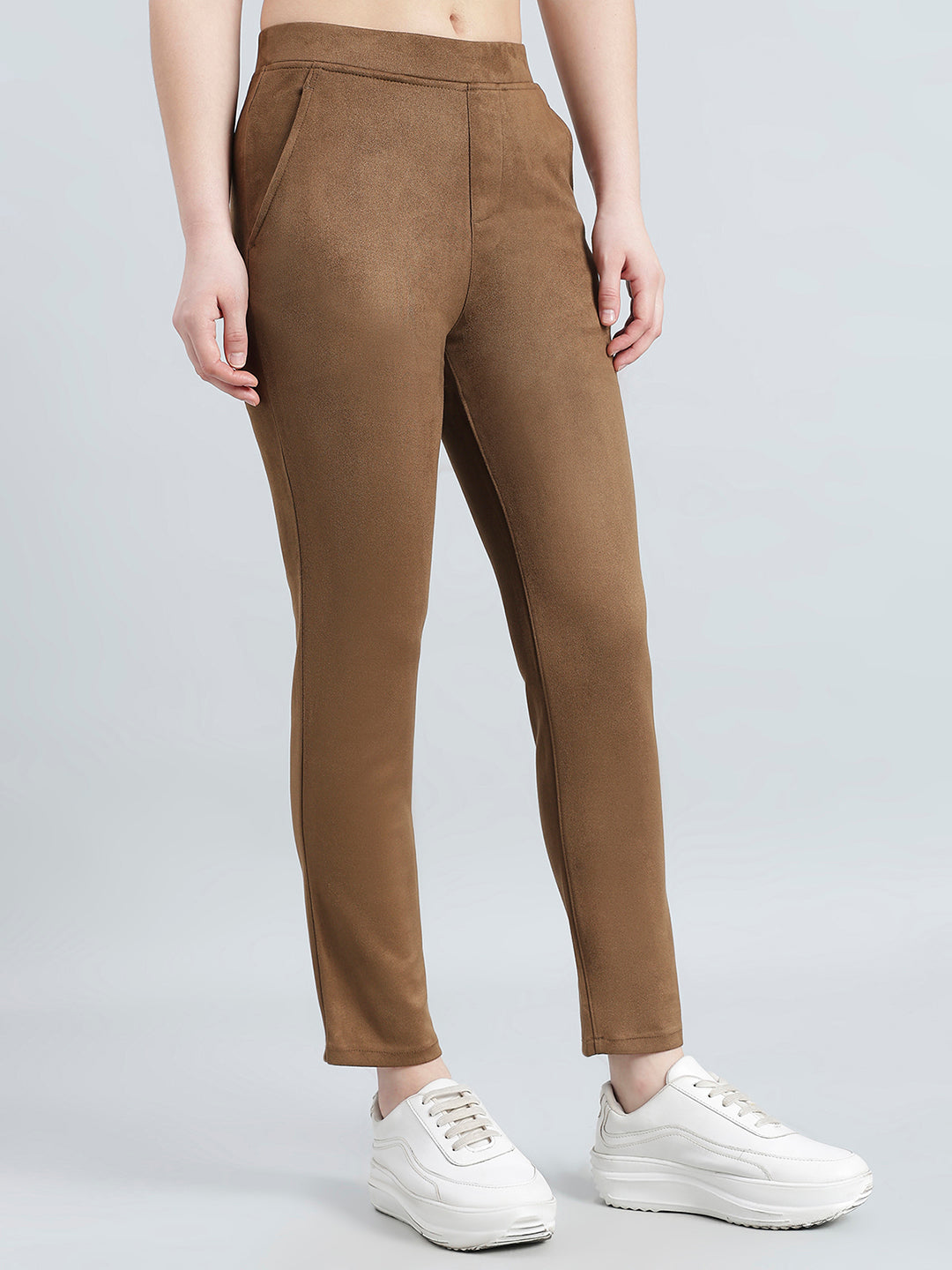 Brown Poly Stretch Suede Tregging