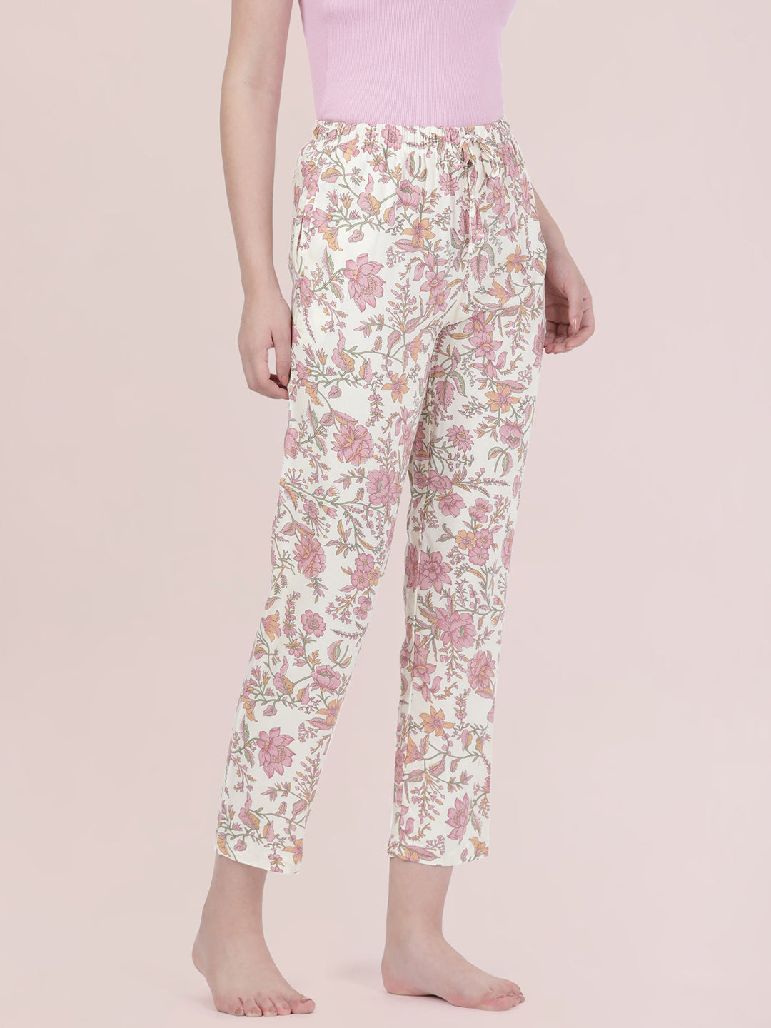 White Woven Viscose Printed Lounge Pants
