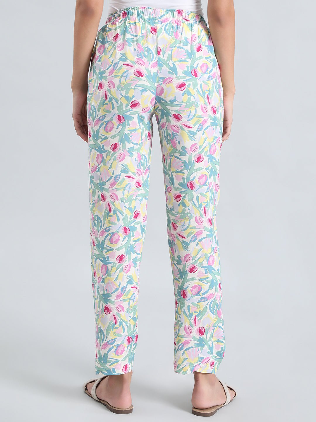 White Woven Viscose Printed Lounge Pants